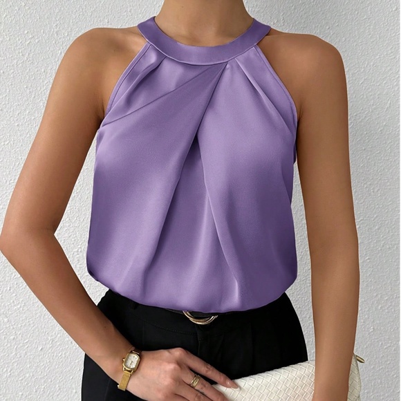 Classic Lavender Purple Satin Pleated Solid Tank Top - Picture 1 of 12